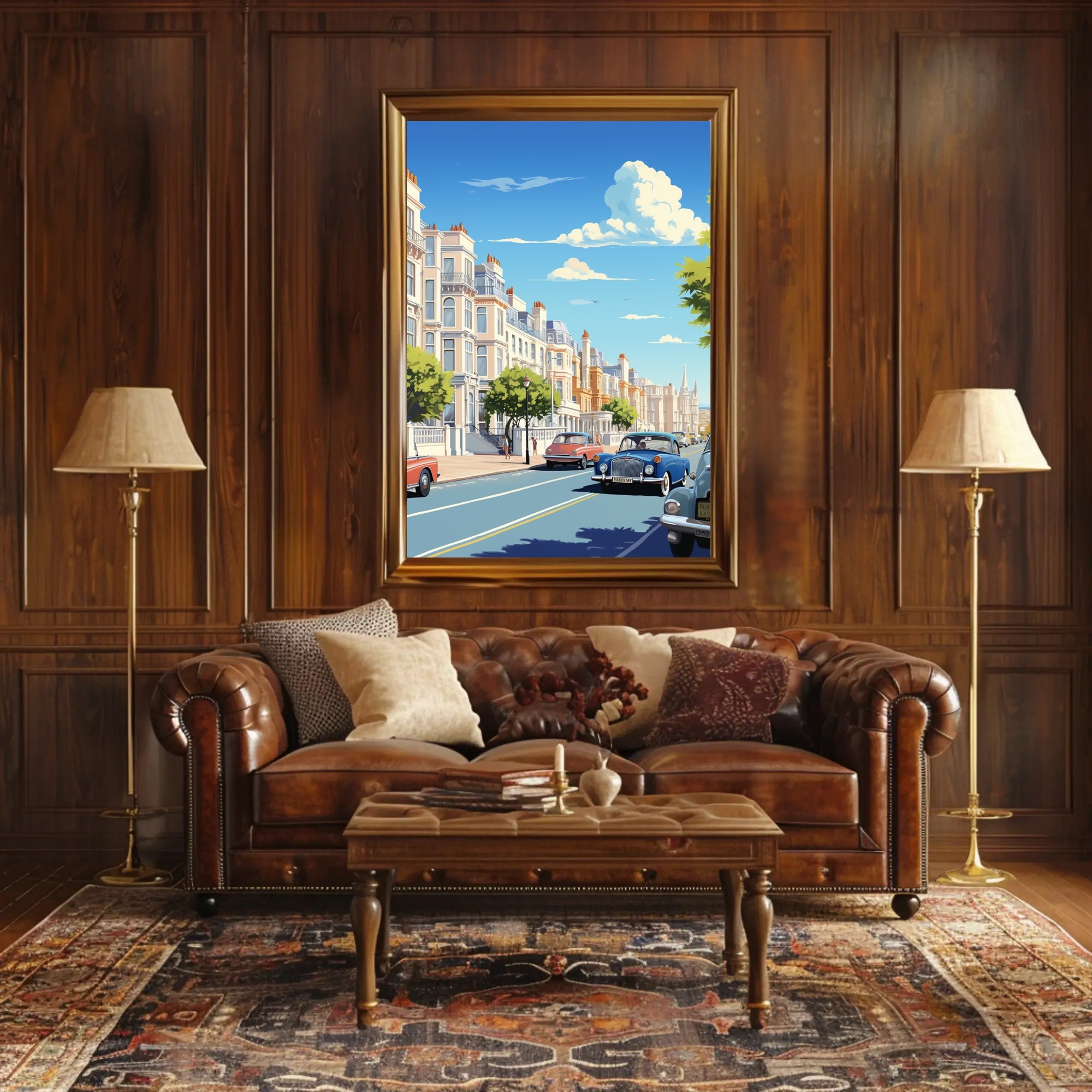 Vibrant Mid-Century European City Street Urban or Cityscape Poster PosterGoat