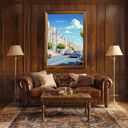 Vibrant Mid-Century European City Street Urban or Cityscape Poster PosterGoat