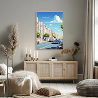 Vibrant Mid-Century European City Street Urban or Cityscape Poster PosterGoat