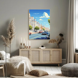 Vibrant Mid-Century European City Street Urban or Cityscape Poster PosterGoat