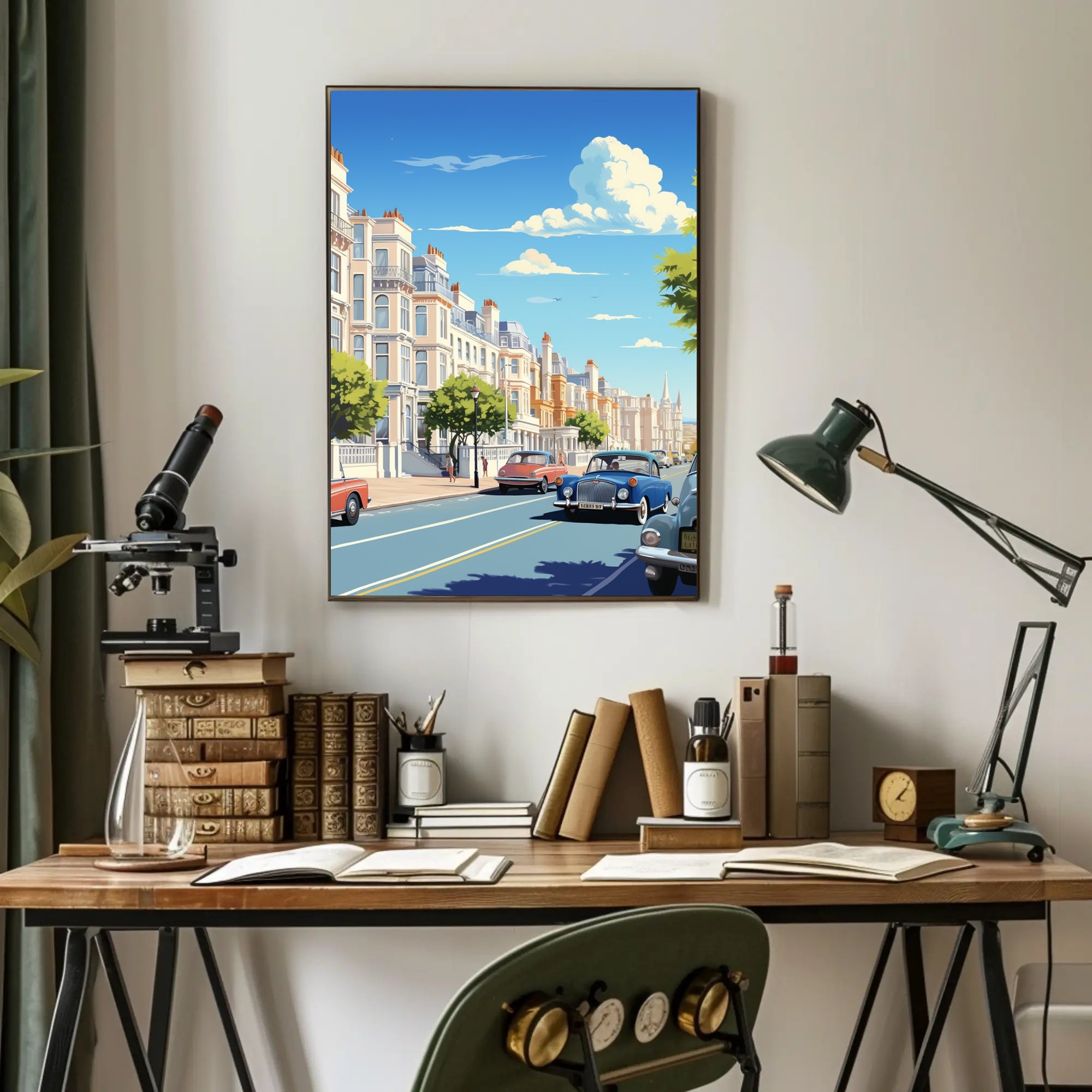 Vibrant Mid-Century European City Street Urban or Cityscape Poster PosterGoat