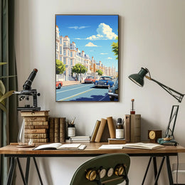 Vibrant Mid-Century European City Street Urban or Cityscape Poster PosterGoat