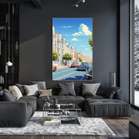 Vibrant Mid-Century European City Street Urban or Cityscape Poster PosterGoat