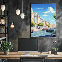 Vibrant Mid-Century European City Street Urban or Cityscape Poster PosterGoat