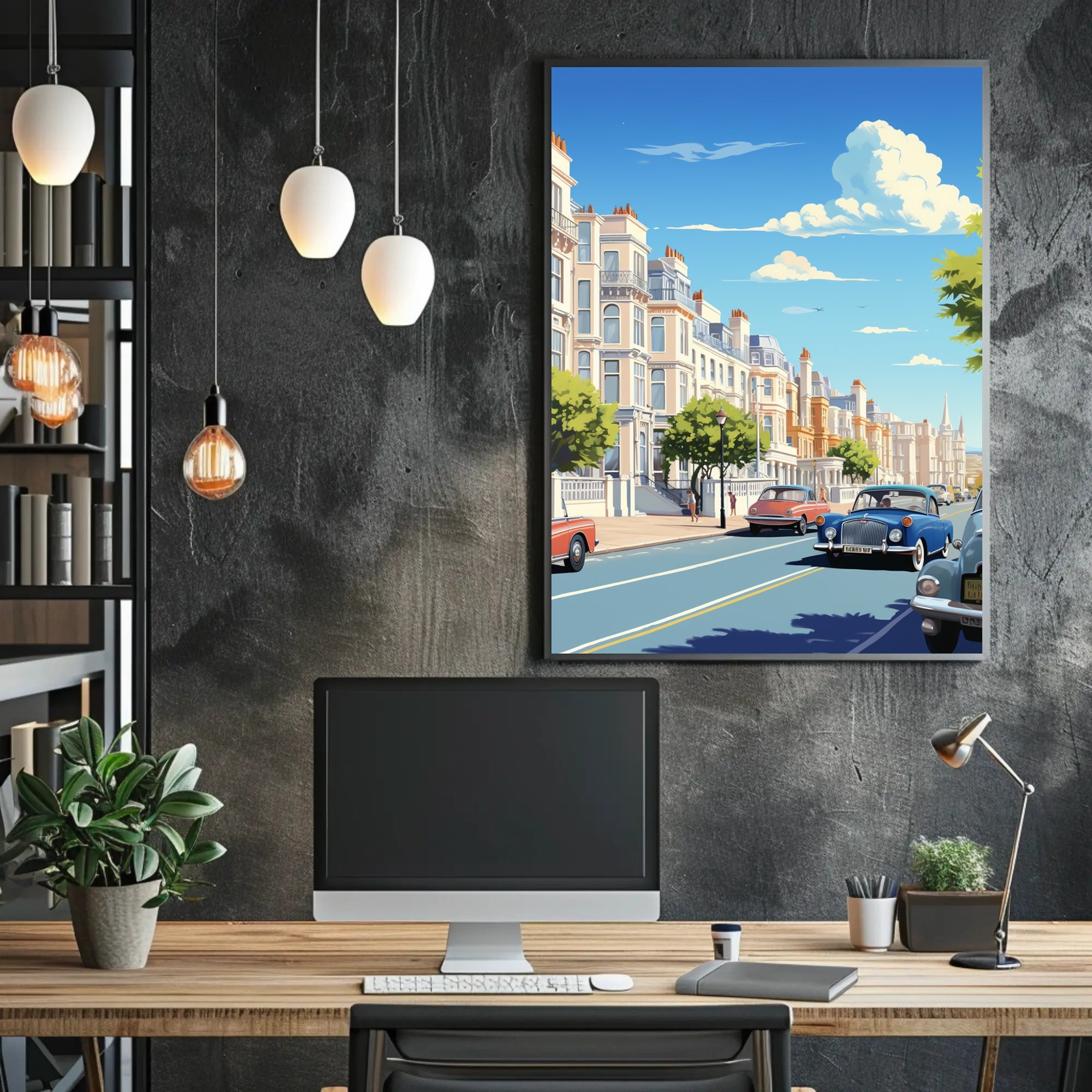 Vibrant Mid-Century European City Street Urban or Cityscape Poster PosterGoat