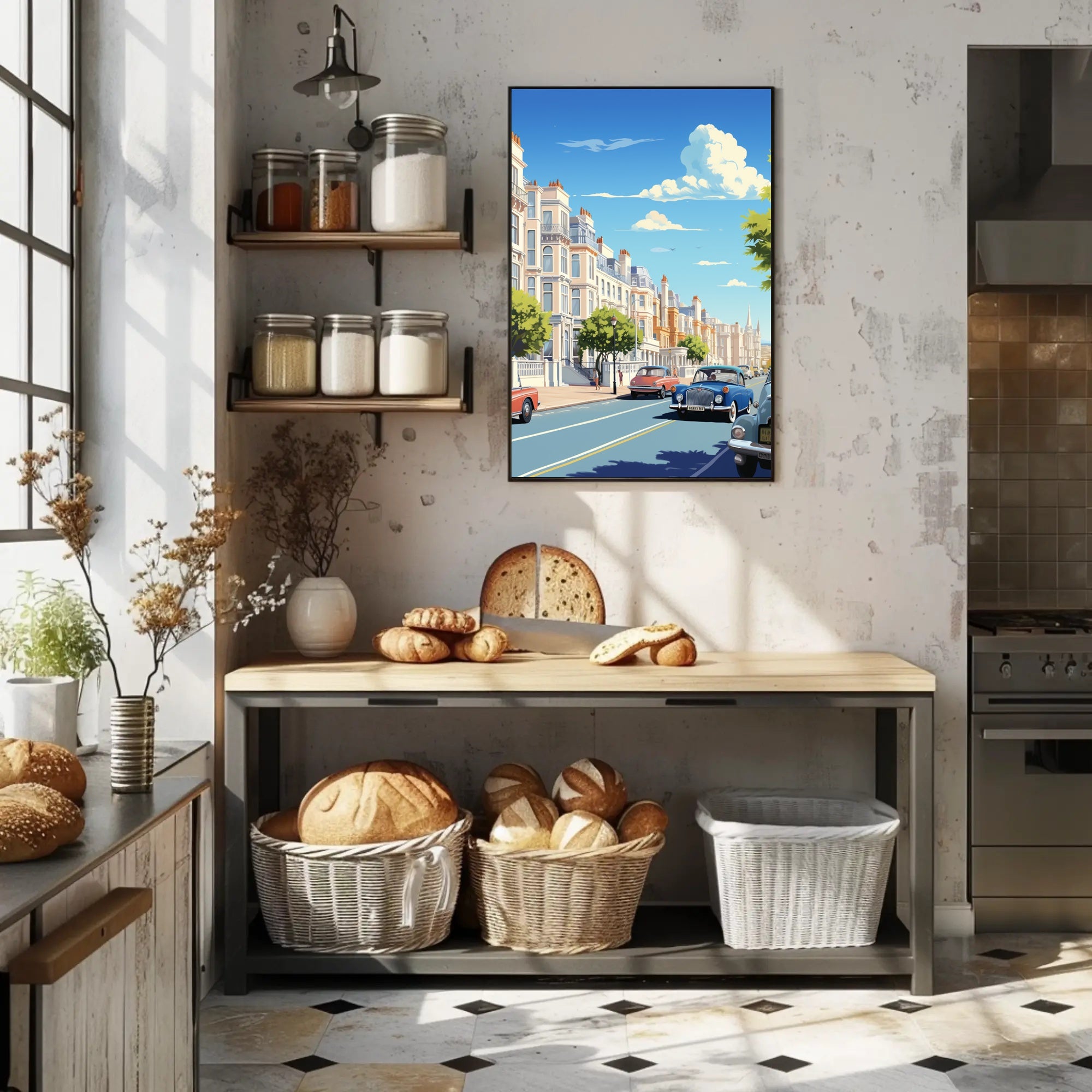 Vibrant Mid-Century European City Street Urban or Cityscape Poster PosterGoat