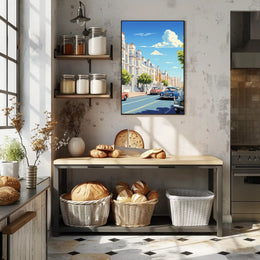 Vibrant Mid-Century European City Street Urban or Cityscape Poster PosterGoat