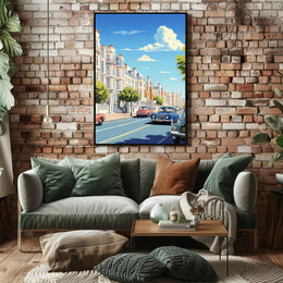 Vibrant Mid-Century European City Street Urban or Cityscape Poster PosterGoat