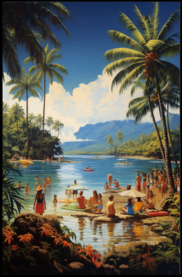 Vibrant Mid-Century Tropical Beach Scene Travel Poster PosterGoat