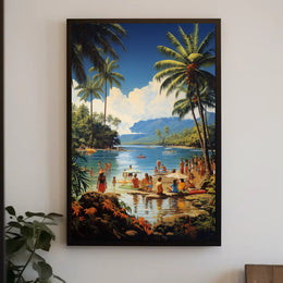 Vibrant Mid-Century Tropical Beach Scene Travel Poster PosterGoat