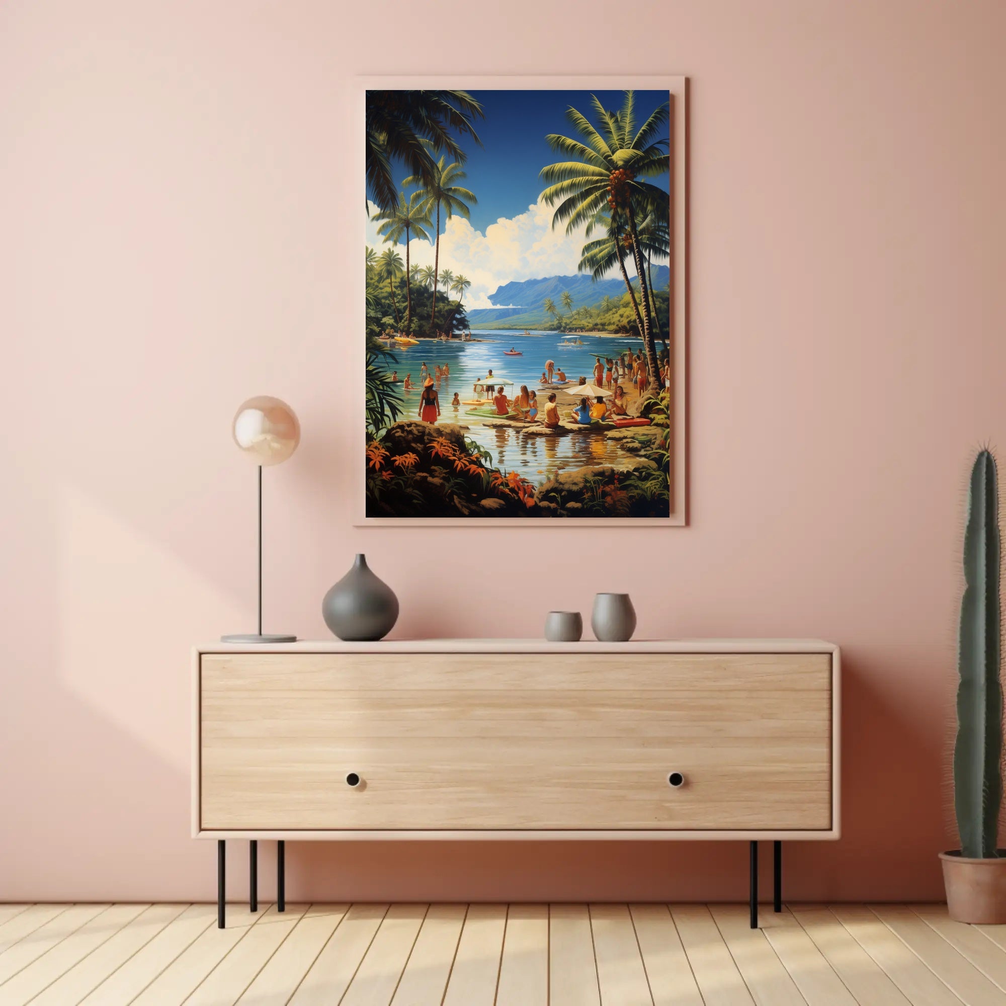 Vibrant Mid-Century Tropical Beach Scene Travel Poster PosterGoat