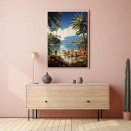 Vibrant Mid-Century Tropical Beach Scene Travel Poster PosterGoat