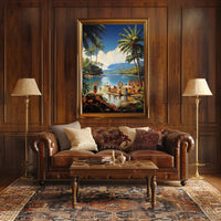 Vibrant Mid-Century Tropical Beach Scene Travel Poster PosterGoat