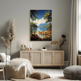 Vibrant Mid-Century Tropical Beach Scene Travel Poster PosterGoat