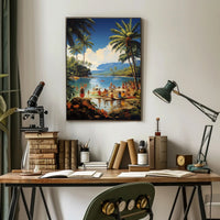 Vibrant Mid-Century Tropical Beach Scene Travel Poster PosterGoat