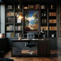 Vibrant Mid-Century Tropical Beach Scene Travel Poster PosterGoat