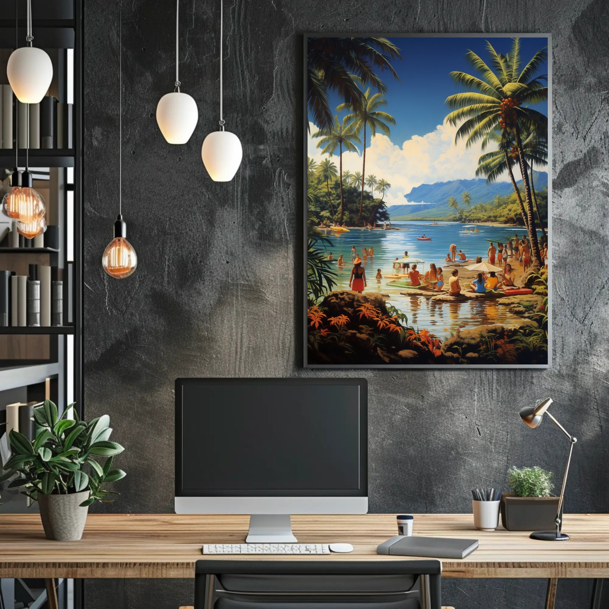 Vibrant Mid-Century Tropical Beach Scene Travel Poster PosterGoat