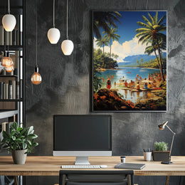 Vibrant Mid-Century Tropical Beach Scene Travel Poster PosterGoat