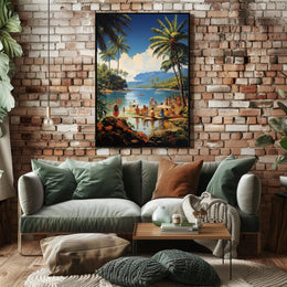 Vibrant Mid-Century Tropical Beach Scene Travel Poster PosterGoat