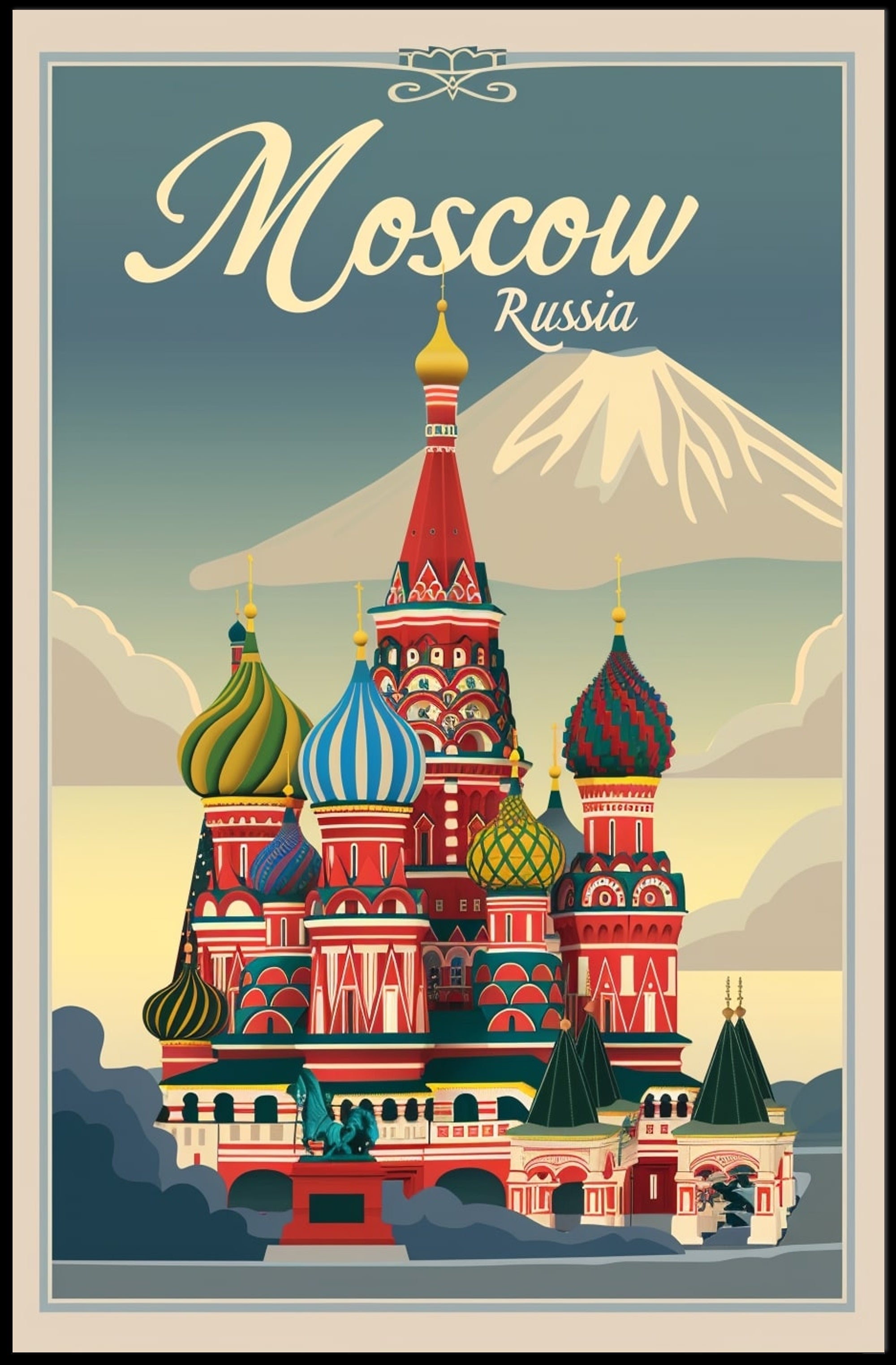 Vibrant Nostalgic Moscow Travel Art with Iconic Architecture Poster PosterGoat