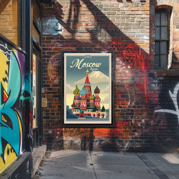 Vibrant Nostalgic Moscow Travel Art with Iconic Architecture Poster PosterGoat