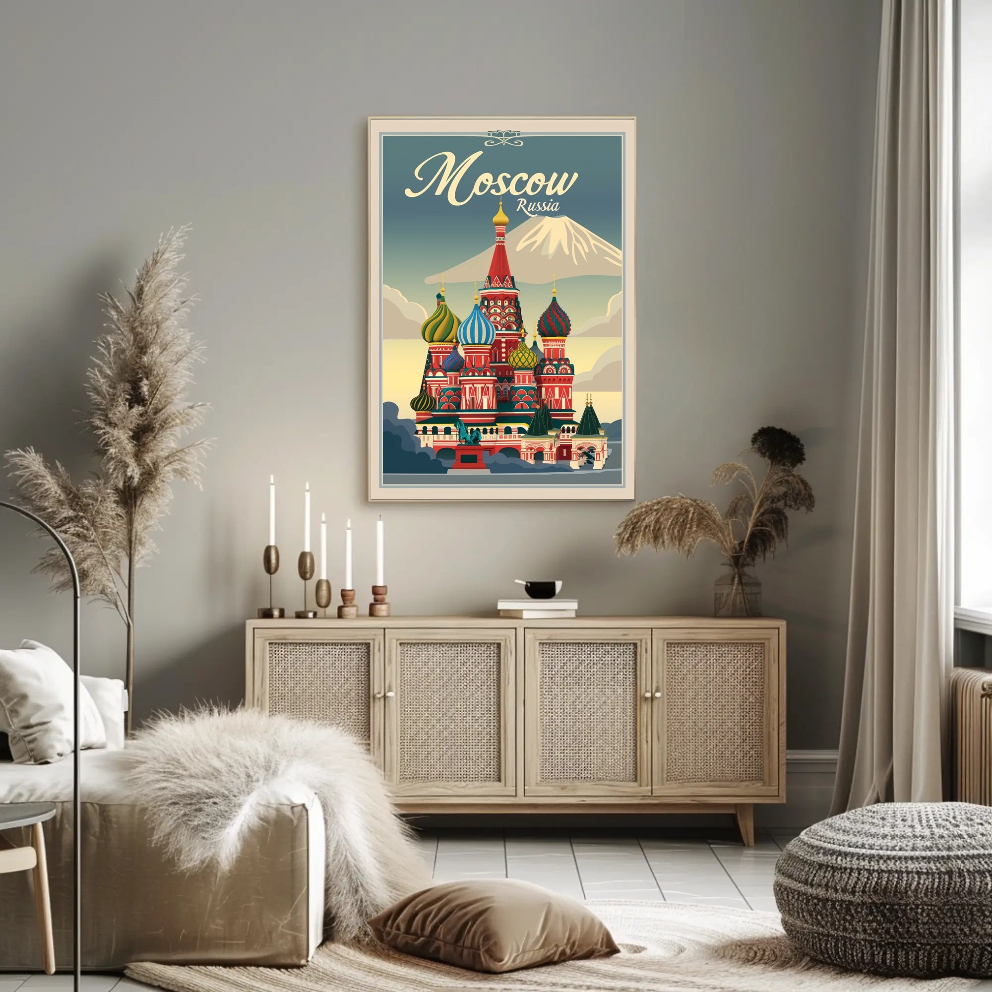 Vibrant Nostalgic Moscow Travel Art with Iconic Architecture Poster PosterGoat