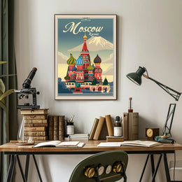 Vibrant Nostalgic Moscow Travel Art with Iconic Architecture Poster PosterGoat