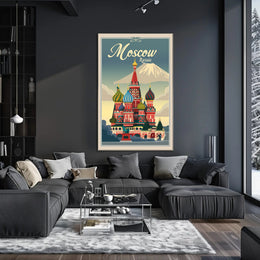 Vibrant Nostalgic Moscow Travel Art with Iconic Architecture Poster PosterGoat