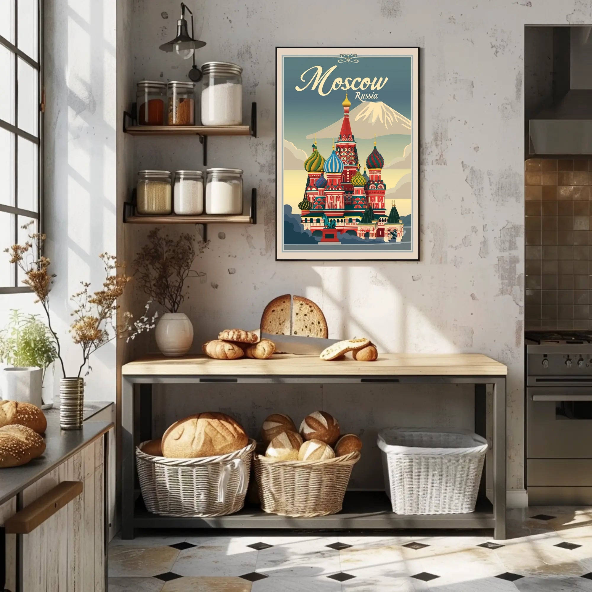 Vibrant Nostalgic Moscow Travel Art with Iconic Architecture Poster PosterGoat