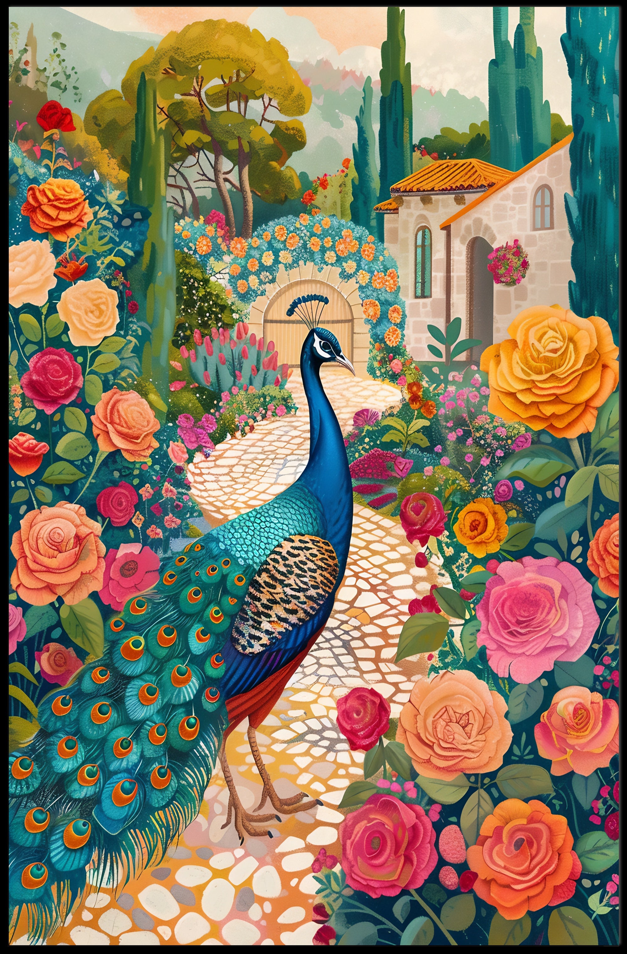 Vibrant Peacock Garden Scene Artistic Poster PosterGoat