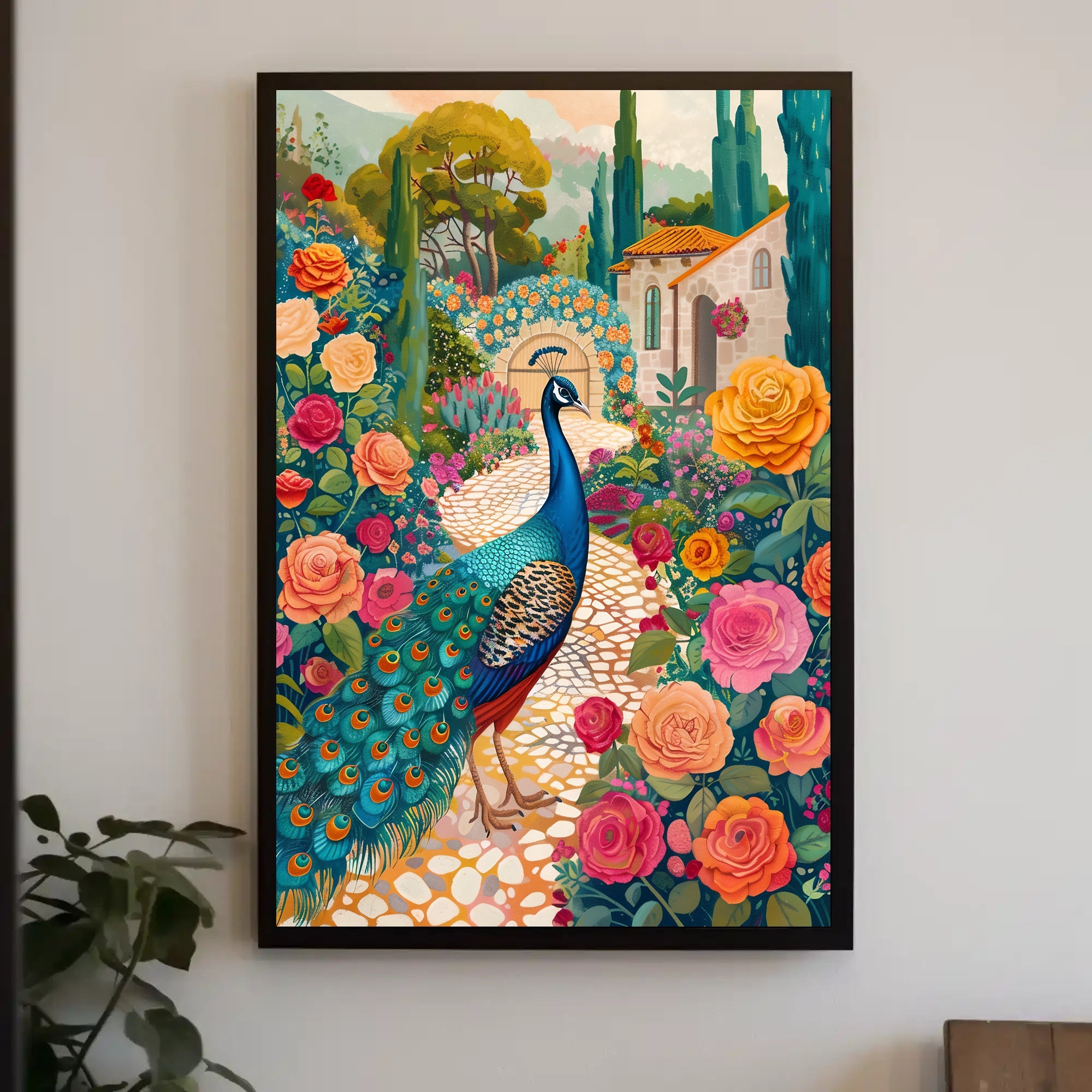 Vibrant Peacock Garden Scene Artistic Poster PosterGoat