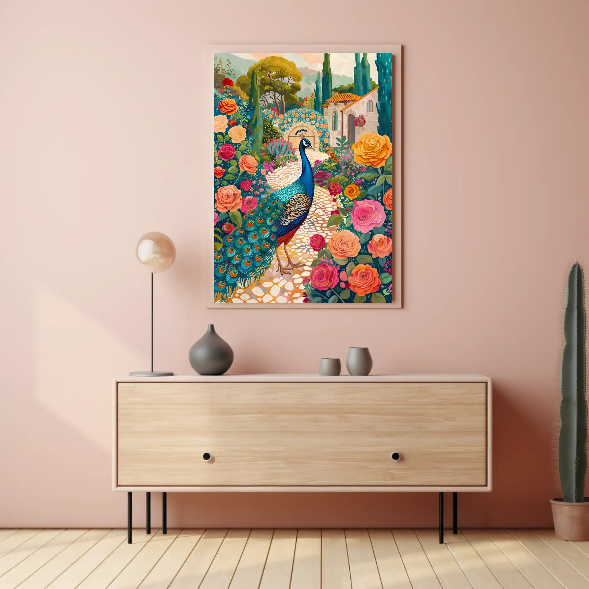 Vibrant Peacock Garden Scene Artistic Poster PosterGoat