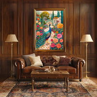 Vibrant Peacock Garden Scene Artistic Poster PosterGoat