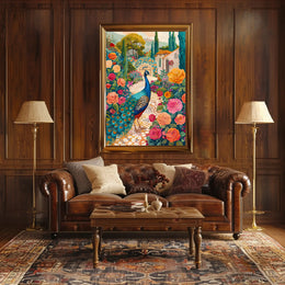 Vibrant Peacock Garden Scene Artistic Poster PosterGoat