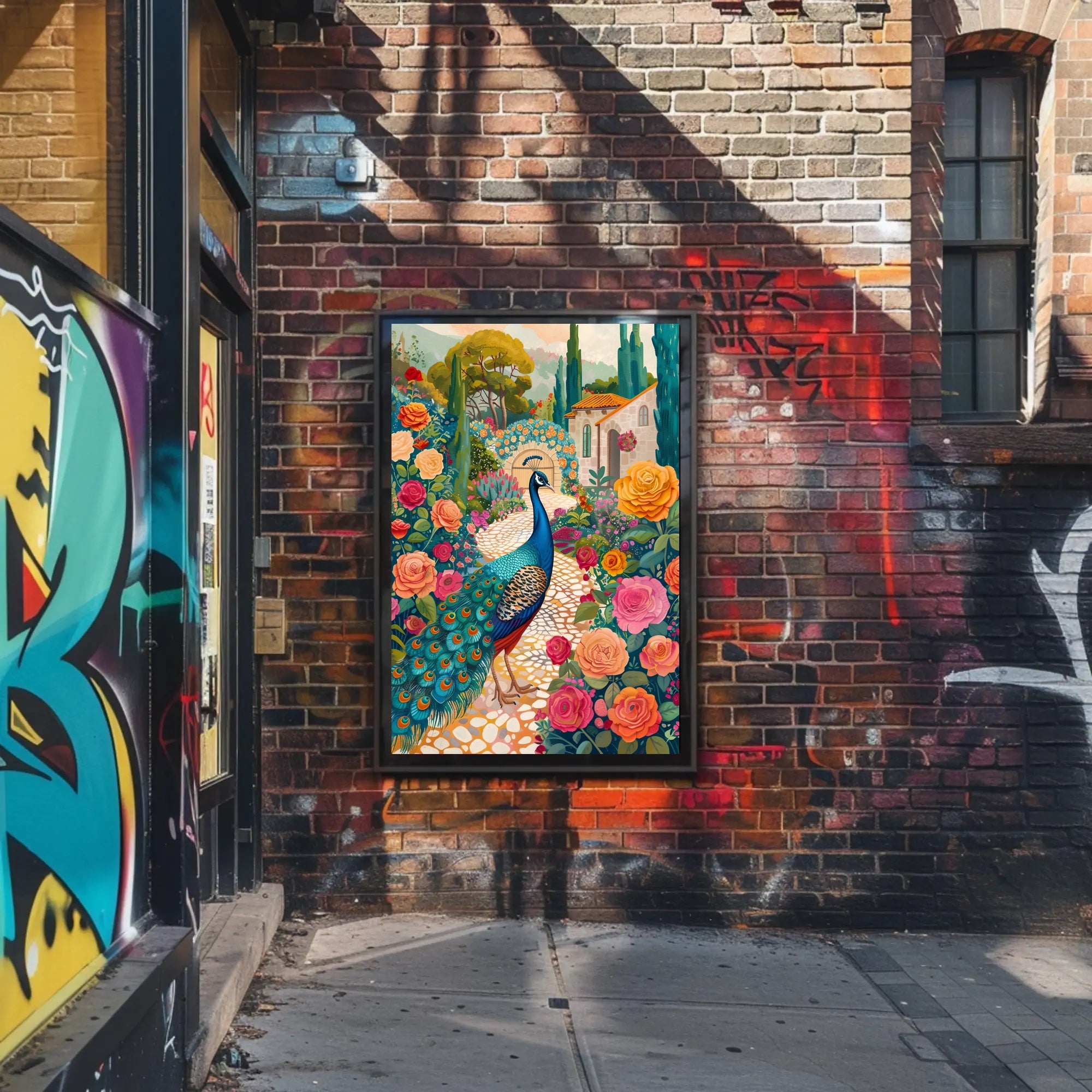 Vibrant Peacock Garden Scene Artistic Poster PosterGoat
