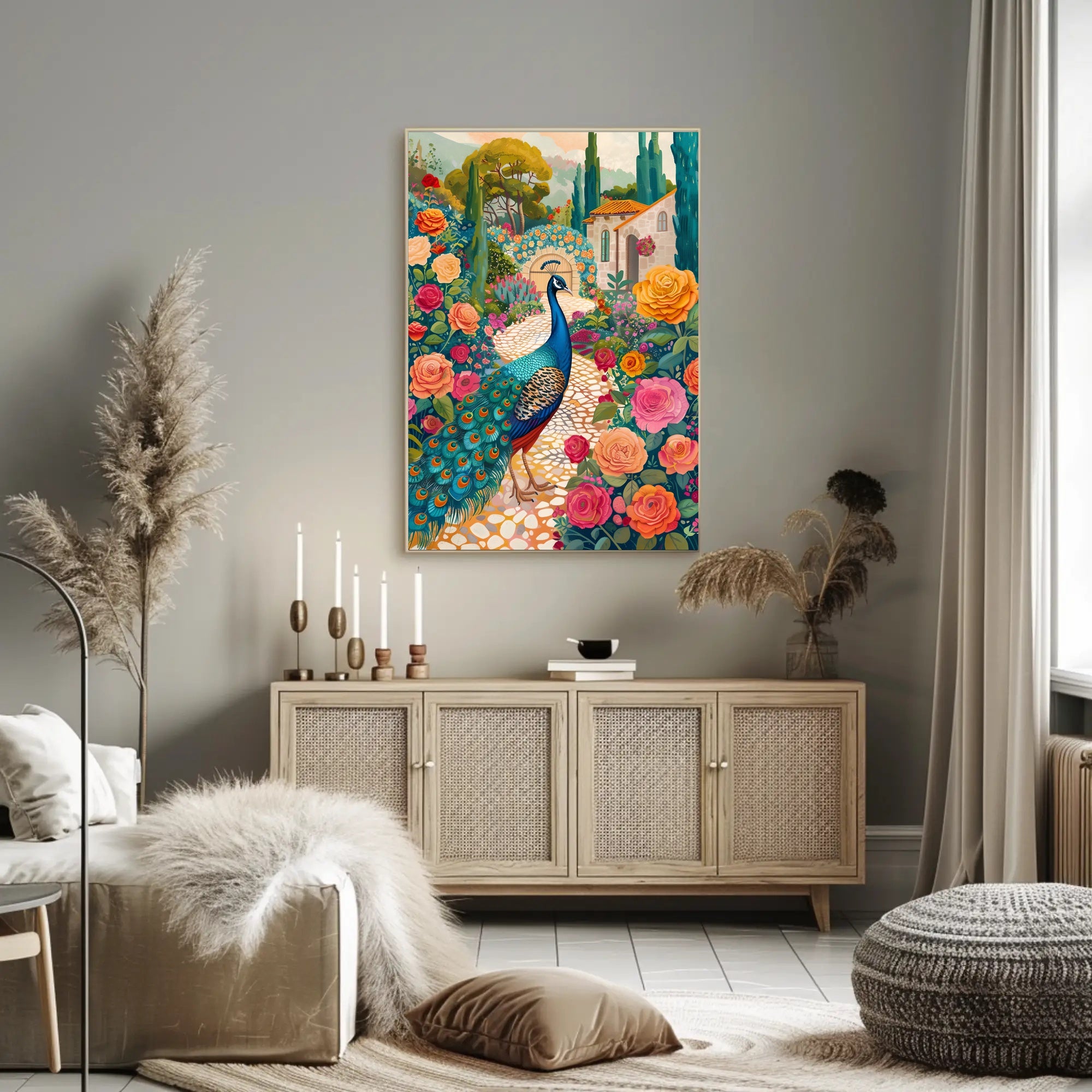 Vibrant Peacock Garden Scene Artistic Poster PosterGoat