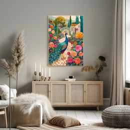 Vibrant Peacock Garden Scene Artistic Poster PosterGoat