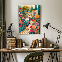 Vibrant Peacock Garden Scene Artistic Poster PosterGoat