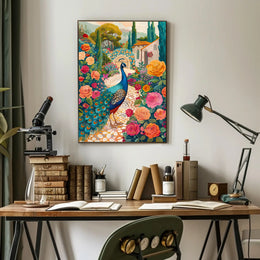 Vibrant Peacock Garden Scene Artistic Poster PosterGoat