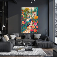 Vibrant Peacock Garden Scene Artistic Poster PosterGoat