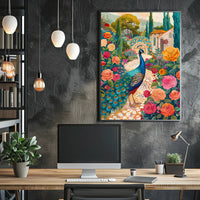 Vibrant Peacock Garden Scene Artistic Poster PosterGoat