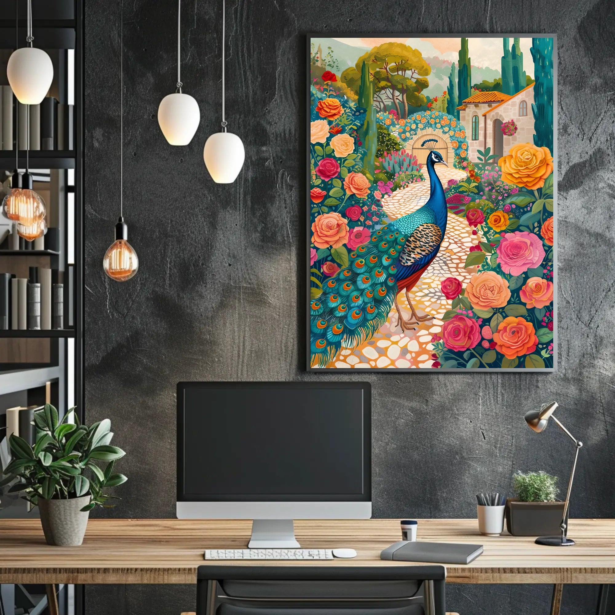 Vibrant Peacock Garden Scene Artistic Poster PosterGoat