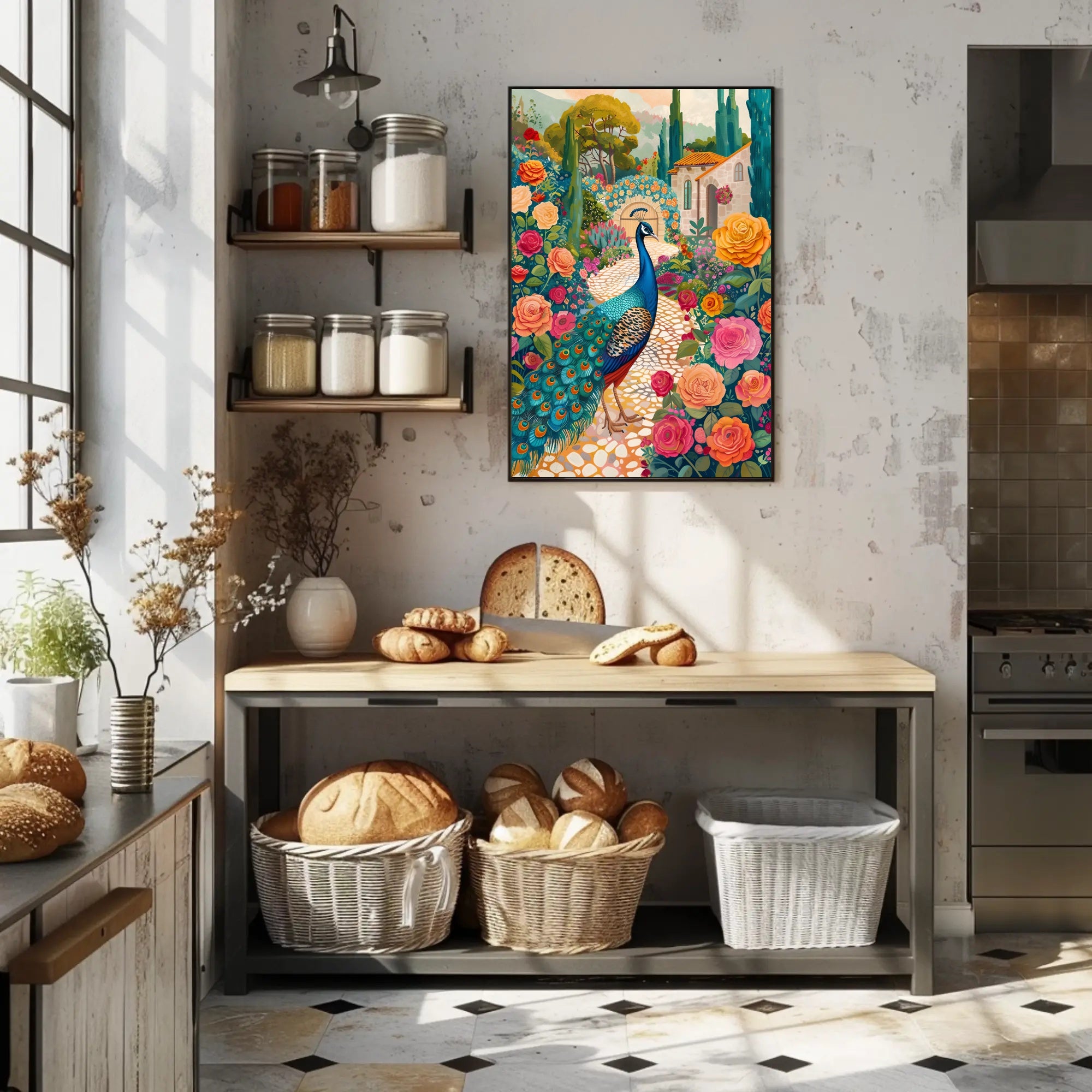 Vibrant Peacock Garden Scene Artistic Poster PosterGoat