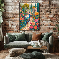 Vibrant Peacock Garden Scene Artistic Poster PosterGoat