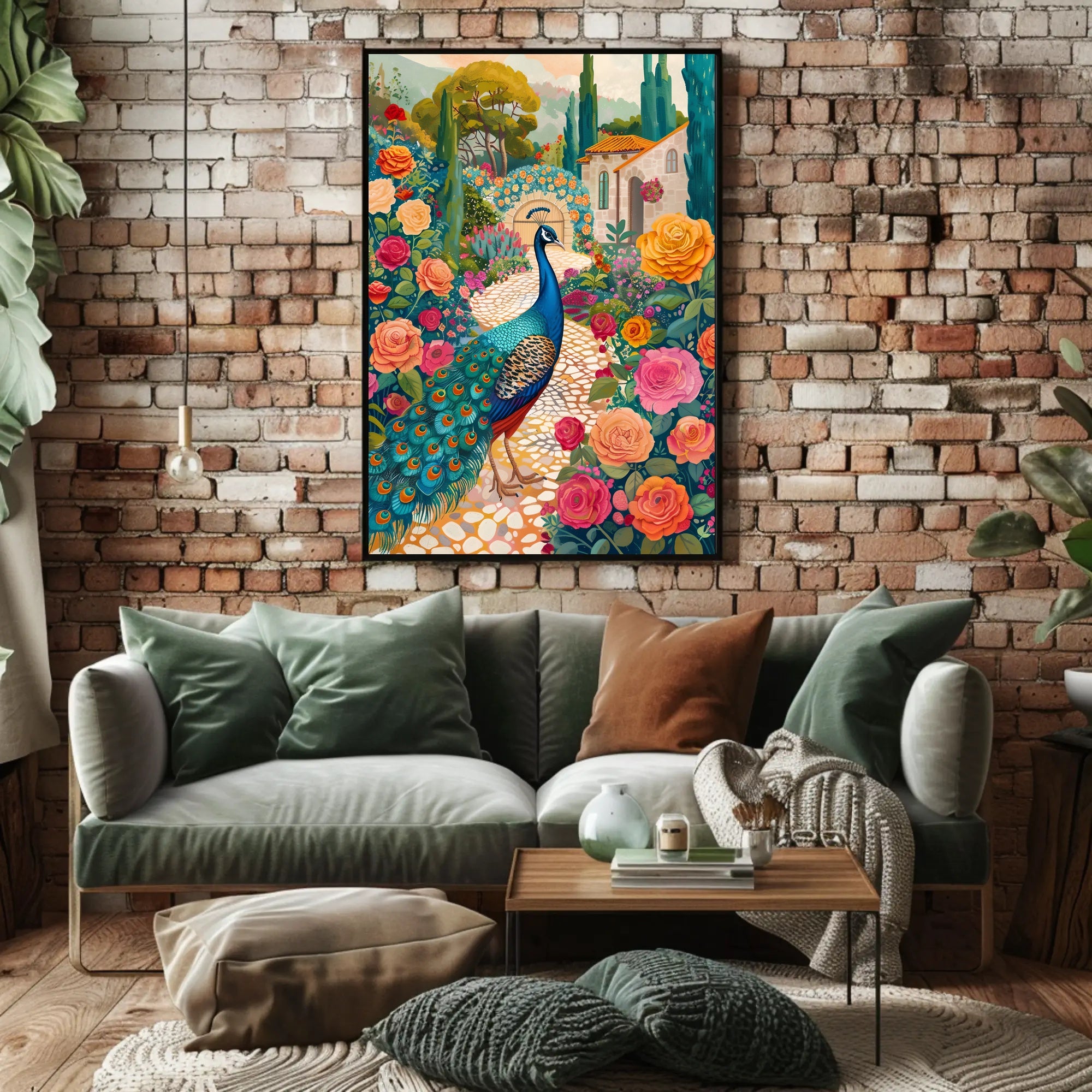 Vibrant Peacock Garden Scene Artistic Poster PosterGoat