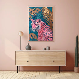 Vibrant Pink Tiger in Exotic Jungle Artistic Poster PosterGoat