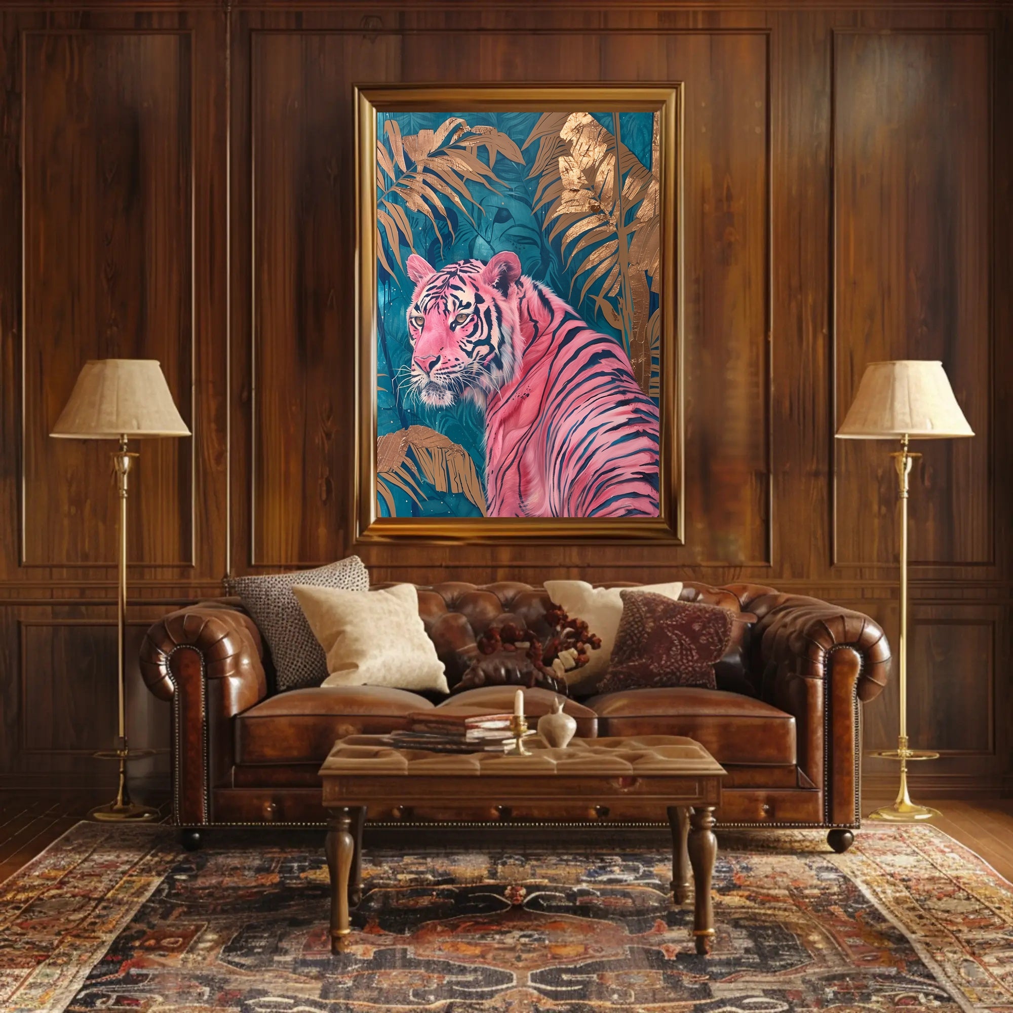 Vibrant Pink Tiger in Exotic Jungle Artistic Poster PosterGoat