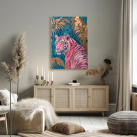 Vibrant Pink Tiger in Exotic Jungle Artistic Poster PosterGoat