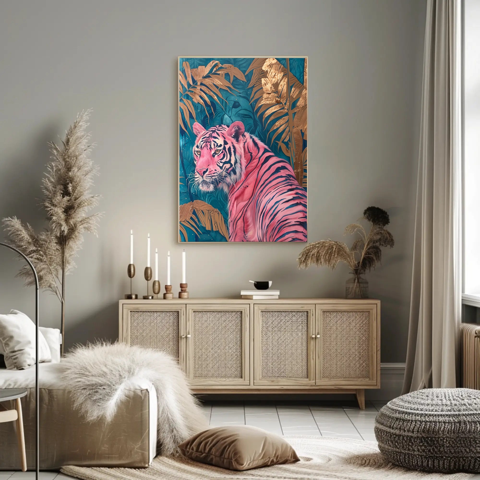 Vibrant Pink Tiger in Exotic Jungle Artistic Poster PosterGoat