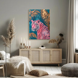 Vibrant Pink Tiger in Exotic Jungle Artistic Poster PosterGoat